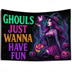 Halloween Blacklight Wall Tapestry – UV Reactive Witch , 'Ghouls Just Wanna Have Fun' Quote, Neon Colors Spooky Scene, Glow in the Dark Gothic Wall Hanging for 2025 Halloween Decoration