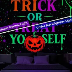 Halloween Blacklight Wall Tapestry – UV Reactive Witch , 'Ghouls Just Wanna Have Fun' Quote, Neon Colors Spooky Scene, Glow in the Dark Gothic Wall Hanging for 2025 Halloween Decoration