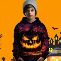 Halloween Boys 3D Graphic Pumpkin Hoodie Long Sleeve Spring Fall Fashion Streetwear Polyester Kids 4-12 Years Hooded Outdoor Casual Daily Regular Fit