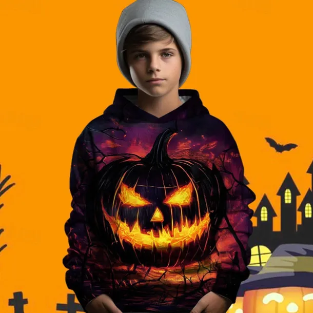 Halloween Boys 3D Graphic Pumpkin Hoodie Long Sleeve Spring Fall Fashion Streetwear Polyester Kids 4-12 Years Hooded Outdoor Casual Daily Regular Fit