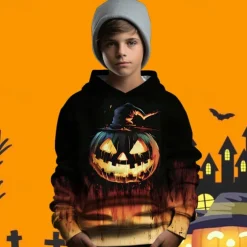 Halloween Boys 3D Graphic Pumpkin Hoodie Long Sleeve Spring Fall Fashion Streetwear Polyester Kids 4-12 Years Hooded Outdoor Casual Daily Regular Fit