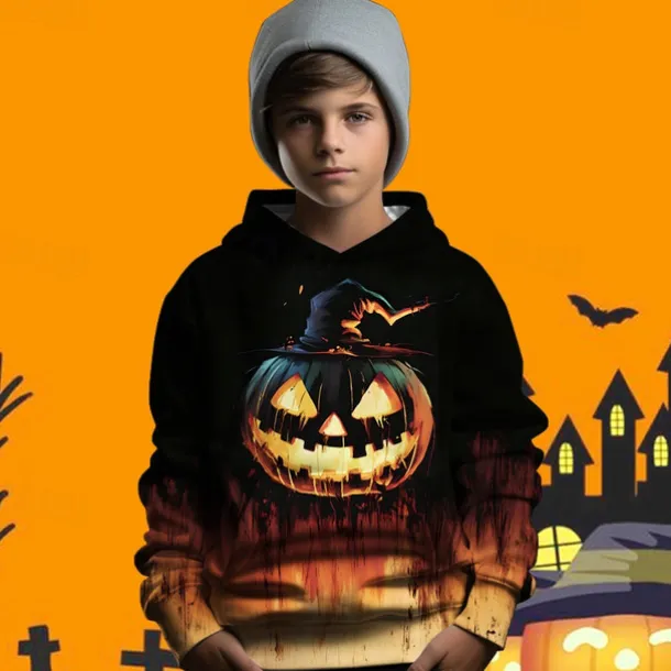 Halloween Boys 3D Graphic Pumpkin Hoodie Long Sleeve Spring Fall Fashion Streetwear Polyester Kids 4-12 Years Hooded Outdoor Casual Daily Regular Fit