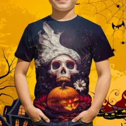 Halloween Boys 3D Graphic Skull Pumpkin T shirt Tee Short Sleeve Summer Spring Fashion Basic Polyester Kids 4-12 Years Crew Neck Outdoor Casual Daily Regular Fit