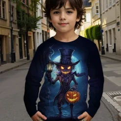 Halloween Boys 3D Graphic Cartoon Pumpkin T shirt Tee Long Sleeve Spring Fall Fashion Basic Polyester Kids 4-12 Years Crew Neck Outdoor Casual Daily Regular Fit