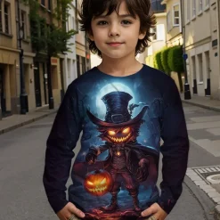 Halloween Boys 3D Graphic Cartoon Pumpkin T shirt Tee Long Sleeve Spring Fall Fashion Basic Polyester Kids 4-12 Years Crew Neck Outdoor Casual Daily Regular Fit