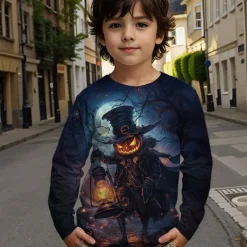 Halloween Boys 3D Graphic Cartoon Pumpkin T shirt Tee Long Sleeve Spring Fall Fashion Basic Polyester Kids 4-12 Years Crew Neck Outdoor Casual Daily Regular Fit