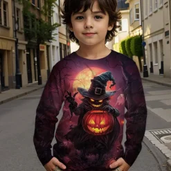 Halloween Boys 3D Graphic Cartoon Pumpkin T shirt Tee Long Sleeve Spring Fall Fashion Basic Polyester Kids 4-12 Years Crew Neck Outdoor Casual Daily Regular Fit
