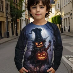 Halloween Boys 3D Graphic Cartoon Pumpkin T shirt Tee Long Sleeve Spring Fall Fashion Basic Polyester Kids 4-12 Years Crew Neck Outdoor Casual Daily Regular Fit
