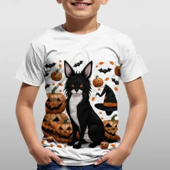 Halloween Boys 3D Graphic Cat Pumpkin Tee Short Sleeve Summer Spring Fashion Basic Polyester Kids 4-12 Years Crew Neck Outdoor Casual Daily Regular Fit