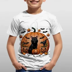 Halloween Boys 3D Graphic Cat Pumpkin Tee Short Sleeve Summer Spring Fashion Basic Polyester Kids 4-12 Years Crew Neck Outdoor Casual Daily Regular Fit