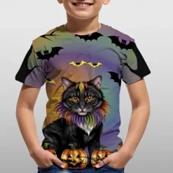 Halloween Boys 3D Graphic Cat Pumpkin Tee Short Sleeve Summer Spring Fashion Basic Polyester Kids 4-12 Years Crew Neck Outdoor Casual Daily Regular Fit