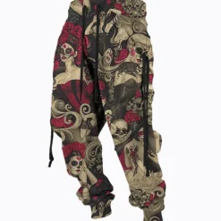 Halloween Cargo Pants Skull Mens Graphic | Casual Sports Outdoor Green Cotton | Sweatpants Joggers Trousers Drawstring Side Pockets Elastic Waist Prints Comfort Breathable Daily Blend