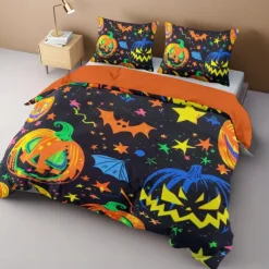 Halloween Collection Duvet Cover Set 3 Piece Set Jack O Lantern Pumpkin Super Soft Skin-friendly Long-lasting