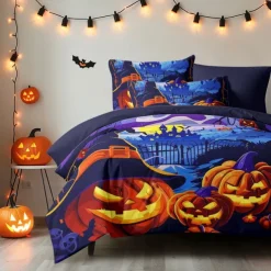 Halloween Collection Duvet Cover Set 3 Piece Set Jack O Lantern Pumpkin Super Soft Skin-friendly Long-lasting