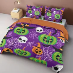 Halloween Collection Duvet Cover Set 3 Piece Set Jack O Lantern Pumpkin Super Soft Skin-friendly Long-lasting