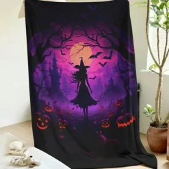 Halloween Decoration Witch Throw Blanket - Soft and Cozy Fleece with Enchanting Witch Design - Perfect for Adding a Spooky Touch to Your Home Decor - High-Quality and Durable Fabric