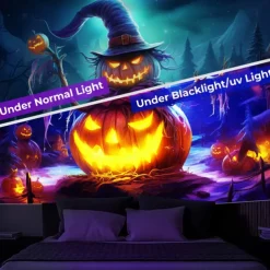 Halloween Decorations Blacklight Tapestry Jack O Lantern UV Reactive Glow in the Dark Glow Party Psychedelic Trippy Misty Hanging Tapestry Wall Art Mural for Living Room Bedroom