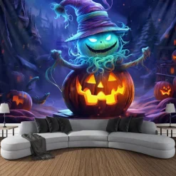 Halloween Decorations Blacklight Tapestry Jack O Lantern UV Reactive Glow in the Dark Glow Party Psychedelic Trippy Misty Hanging Tapestry Wall Art Mural for Living Room Bedroom