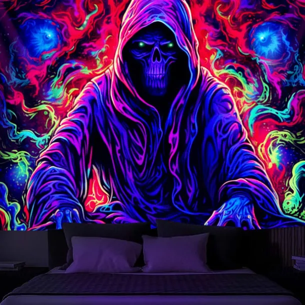 Halloween Decorations Blacklight Tapestry UV Reactive Glow in the Dark Glow Party Neon Ghost Psychedelic Trippy Misty Hanging Tapestry Wall Art Mural for Living Room Bedroom