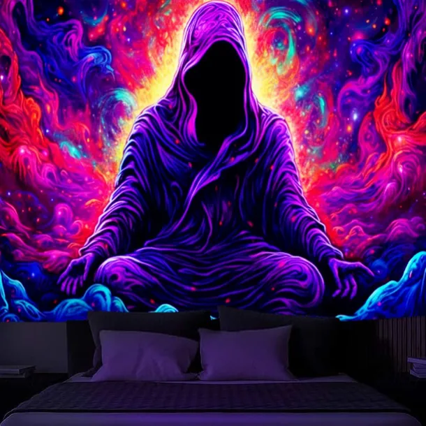 Halloween Decorations Blacklight Tapestry UV Reactive Glow in the Dark Glow Party Neon Ghost Psychedelic Trippy Misty Hanging Tapestry Wall Art Mural for Living Room Bedroom
