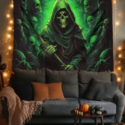 Halloween Decorations Green Skulls Hanging Tapestry Wall Art Large Tapestry Mural Decor Photograph Backdrop Blanket Curtain Home Bedroom Living Room
