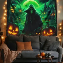 Halloween Decorations Green Skulls Hanging Tapestry Wall Art Large Tapestry Mural Decor Photograph Backdrop Blanket Curtain Home Bedroom Living Room