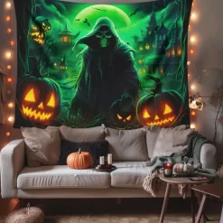 Halloween Decorations Green Skulls Hanging Tapestry Wall Art Large Tapestry Mural Decor Photograph Backdrop Blanket Curtain Home Bedroom Living Room