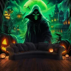 Halloween Decorations Green Skulls Hanging Tapestry Wall Art Large Tapestry Mural Decor Photograph Backdrop Blanket Curtain Home Bedroom Living Room