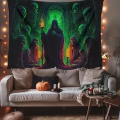Halloween Decorations Green Skulls Hanging Tapestry Wall Art Large Tapestry Mural Decor Photograph Backdrop Blanket Curtain Home Bedroom Living Room
