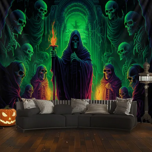 Halloween Decorations Green Skulls Hanging Tapestry Wall Art Large Tapestry Mural Decor Photograph Backdrop Blanket Curtain Home Bedroom Living Room