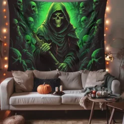 Halloween Decorations Green Skulls Hanging Tapestry Wall Art Large Tapestry Mural Decor Photograph Backdrop Blanket Curtain Home Bedroom Living Room