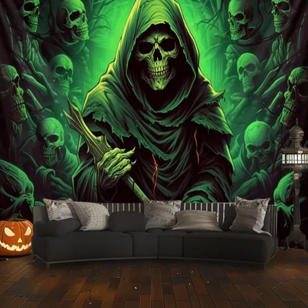 Halloween Decorations Green Skulls Hanging Tapestry Wall Art Large Tapestry Mural Decor Photograph Backdrop Blanket Curtain Home Bedroom Living Room