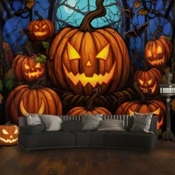 Halloween Decorations Hanging Tapestry Stained Glass Pumpkin Bat Wall Art Large Tapestry Mural Decor Photograph Backdrop Blanket Curtain Home Bedroom Living Room