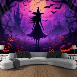 Halloween Decorations Witch Blacklight Tapestry UV Reactive Glow in the Dark Misty Hanging Tapestry Wall Art Mural for Living Room Bedroom Bats Skeleton Pumpkin