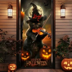 Halloween Door Cover – Black Cat with "Happy Halloween" Sign and Jack-O'-Lanterns, Haunted House Entrance Banner, Cute & Spooky Outdoor 2025 Halloween Decoration for Bedroom, Living Room, Bathroom