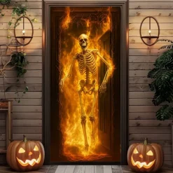 Halloween Door Cover – Fiery Skeleton in Flames, Haunted House Entrance Banner, Scary Outdoor & Indoor Decoration for 2025 Halloween Bedroom, Living Room, Bathroom