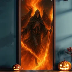 Halloween Door Cover – Fiery Skeleton in Flames, Haunted House Entrance Banner, Scary Outdoor & Indoor Decoration for 2025 Halloween Bedroom, Living Room, Bathroom