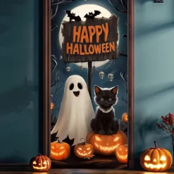 Halloween Door Cover – Flying Witch Silhouette with BOO Sign, Haunted House Entrance Banner, Scary Outdoor & Indoor Decoration for 2025 Halloween Bedroom, Living Room, Bathroom