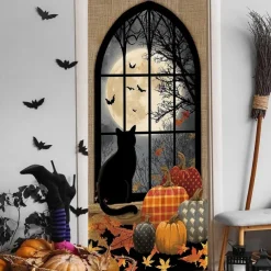 Halloween Door Cover – Flying Witch Silhouette with BOO Sign, Haunted House Entrance Banner, Scary Outdoor & Indoor Decoration for 2025 Halloween Bedroom, Living Room, Bathroom