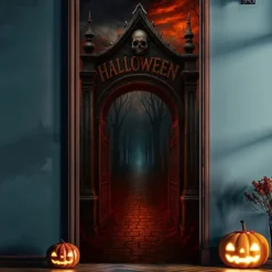 Halloween Door Cover – Glowing Golden Corridor to Haunted House, Spooky Entrance Banner, Creepy Outdoor 2025 Halloween Decoration for Bedroom, Living Room, Bathroom