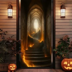 Halloween Door Cover – Glowing Golden Corridor to Haunted House, Spooky Entrance Banner, Creepy Outdoor 2025 Halloween Decoration for Bedroom, Living Room, Bathroom