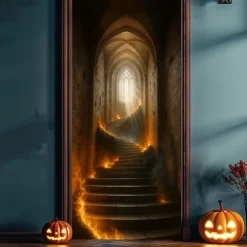 Halloween Door Cover – Glowing Golden Corridor to Haunted House, Spooky Entrance Banner, Creepy Outdoor 2025 Halloween Decoration for Bedroom, Living Room, Bathroom