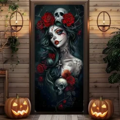 Halloween Door Cover – Gothic Skeleton Bride with Red Roses, Haunted House Entrance Banner, Horror Outdoor 2025 Halloween Decoration for Bedroom, Living Room, Bathroom