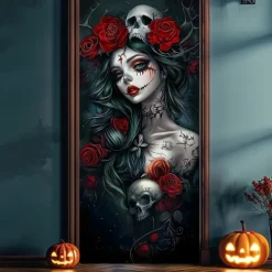 Halloween Door Cover – Gothic Skeleton Bride with Red Roses, Haunted House Entrance Banner, Horror Outdoor 2025 Halloween Decoration for Bedroom, Living Room, Bathroom