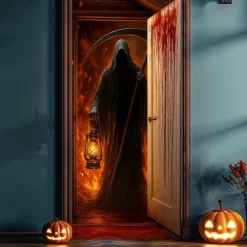 Halloween Door Cover – Grim Reaper with Lantern at Night, Haunted House Entrance Banner, Scary Outdoor 2025 Halloween Decoration for Bedroom, Living Room, Bathroom