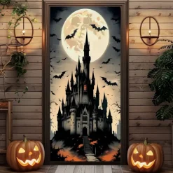 Halloween Door Cover – Haunted Castle with Glowing Windows, Spooky Night Sky Entrance Banner, Outdoor 2025 Halloween Decoration for Bedroom, Living Room, Bathroom