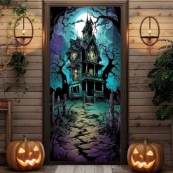 Halloween Door Cover – Haunted Castle with Glowing Windows, Spooky Night Sky Entrance Banner, Outdoor 2025 Halloween Decoration for Bedroom, Living Room, Bathroom