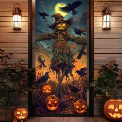 Halloween Door Cover – Pumpkin Head Scarecrow Under Full Moon, Haunted House Entrance Banner, Creepy Outdoor 2025 Halloween Decoration for Bedroom, Living Room, Bathroom