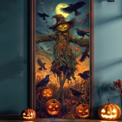 Halloween Door Cover – Pumpkin Head Scarecrow Under Full Moon, Haunted House Entrance Banner, Creepy Outdoor 2025 Halloween Decoration for Bedroom, Living Room, Bathroom
