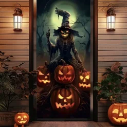 Halloween Door Cover – Pumpkin Head Scarecrow Under Full Moon, Haunted House Entrance Banner, Creepy Outdoor 2025 Halloween Decoration for Bedroom, Living Room, Bathroom